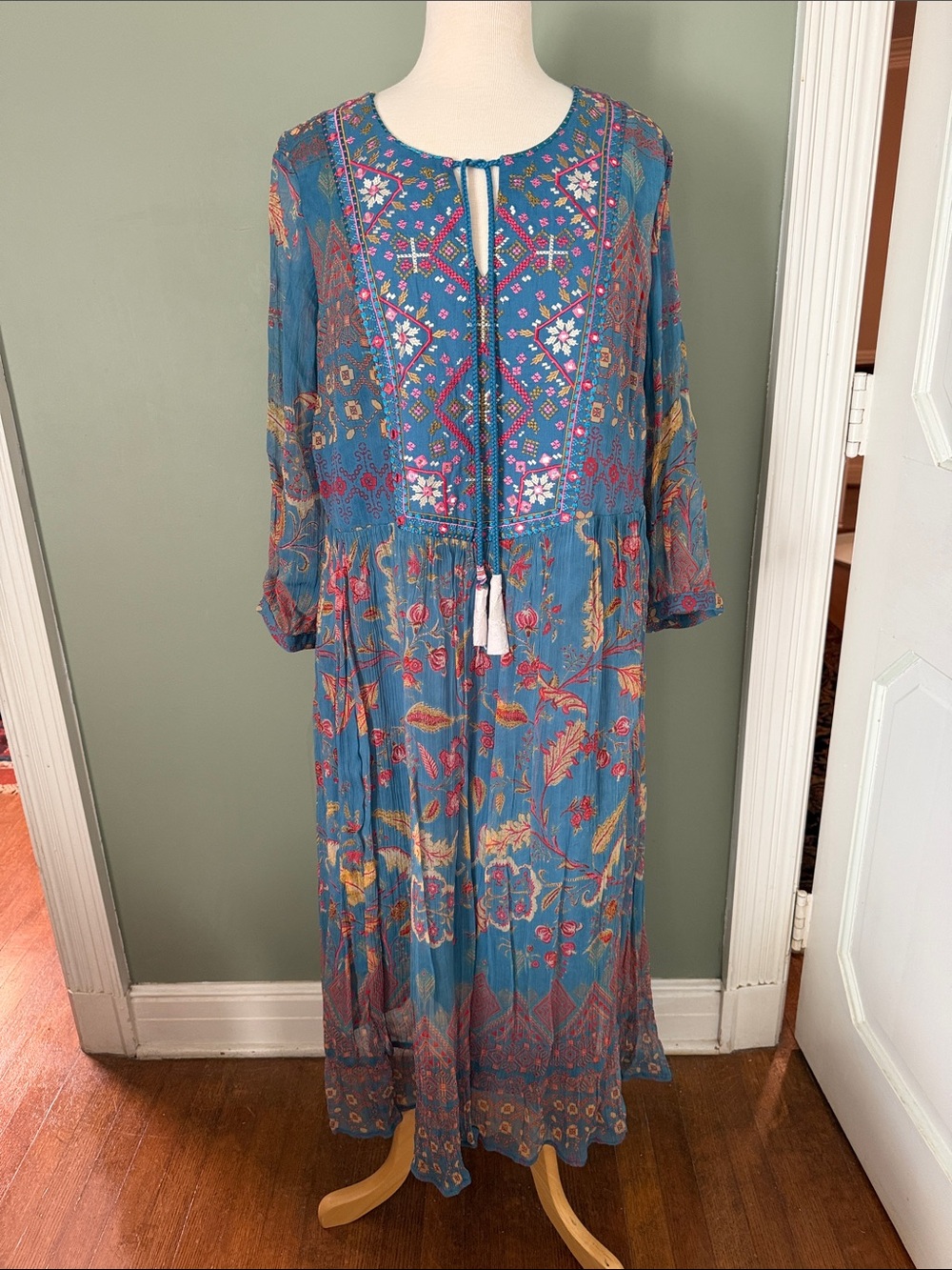 Soft Surroundings Teal Blue Floral Embroidered Maxi Dress